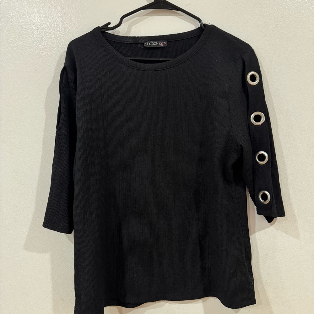 Frenchi Black Blouse with Grommet Sleeve Detail